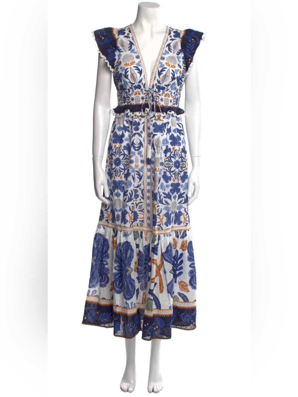 Caroline Constas Ocean Tapestry Blue and With Maxi Dress with Beaded Tassel Ties